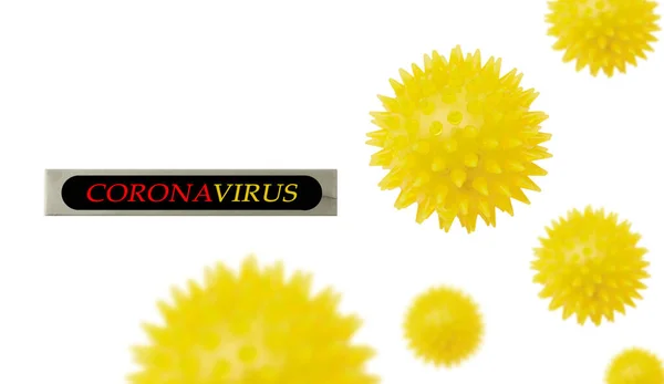 Coronavirus Header Background Name Virus Yellow Levitating Spheres — Stock Photo, Image