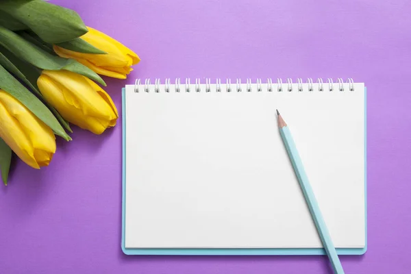 Prázdný poznámkový blok, tužka a květiny na fialovém pozadí. Kopírovat prostor pro váš text, gratuluji — Stock fotografie