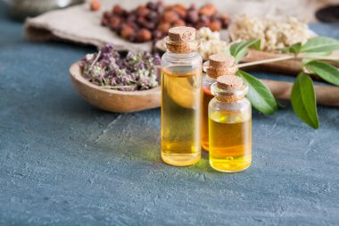 Koyu beton bir masanın üzerinde cam şişelerdeki bitki konserveleri. Geleneksel tıp ve bitkisel tedavi kavramı.