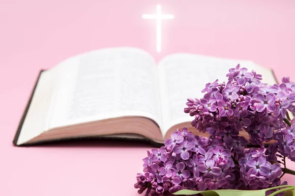 Закройте лиловые цветы библией и крест на розовом фоне. Концепция — стоковое фото