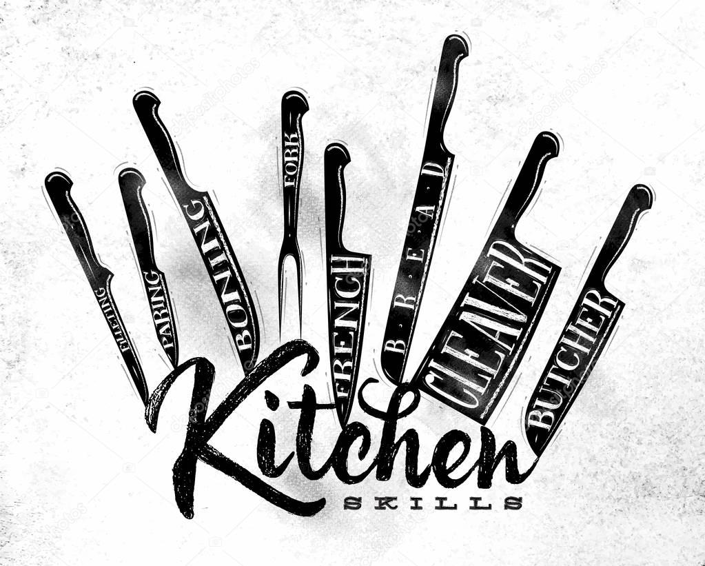 Meat cutting knifes poster chalk