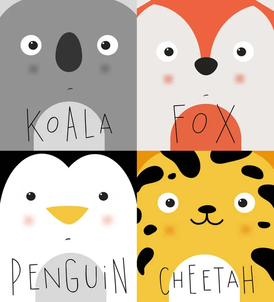 Djur nosar koala, fox, pingvin, cheetah — Stock vektor