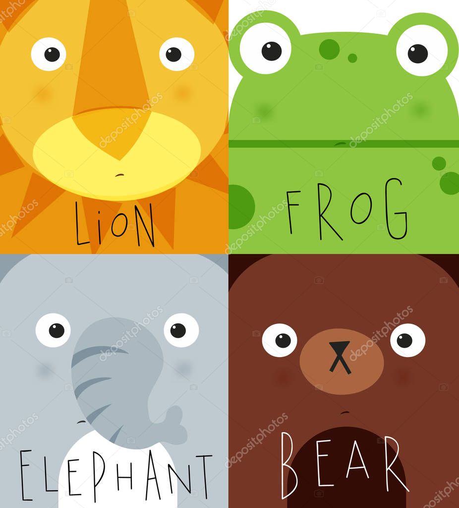 Set of animal muzless lion, frog, elephant, bear dwawing in cute cartoon style