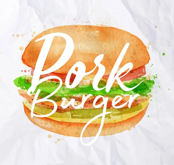 Pork burger watercolor — Stock Vector