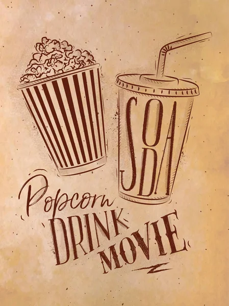 Poster soda popcorn ambachtelijke — Stockvector