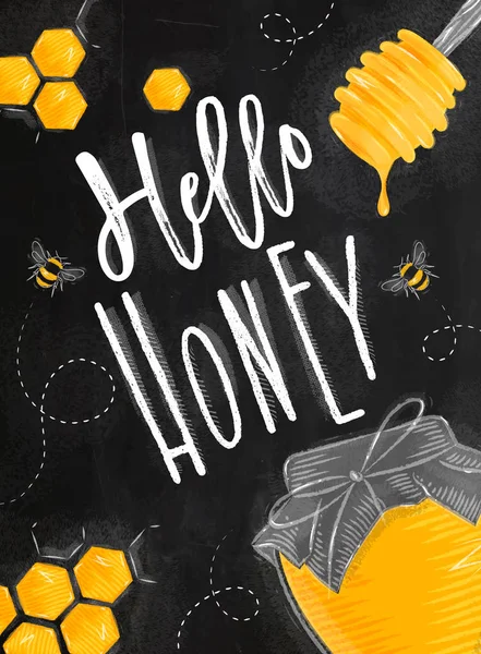 Cartel hola tiza de miel — Vector de stock
