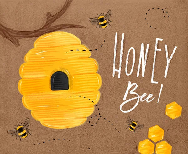 Poster kerajinan lebah madu - Stok Vektor