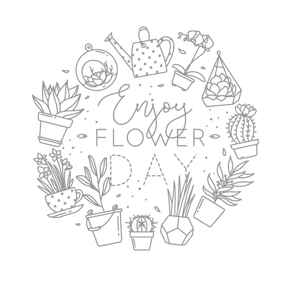 Μονόγραμμα γλάστρες με φυτά Απολαύστε λουλούδι μέρα — Διανυσματικό Αρχείο