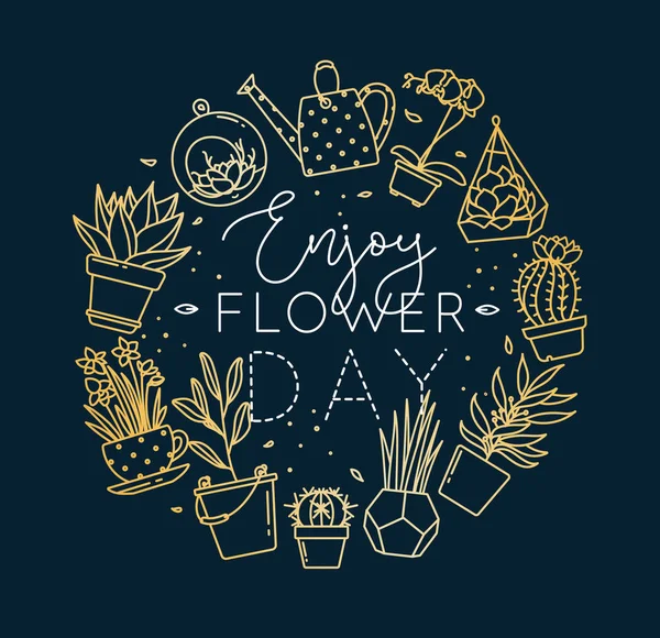 Monogram tencere bitkiler ile çiçek gün altın zevk — Stok Vektör