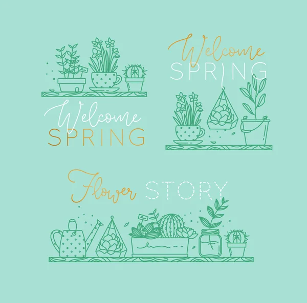 Étagère avec fleurs bienvenue printemps turquoise — Image vectorielle