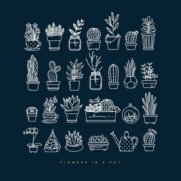 Icon plants in pots dark blue — Stock Vector