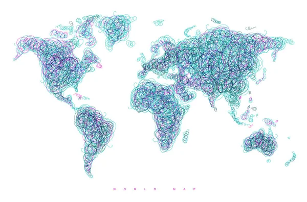 Mapa do mundo emaranhado linhas turquesa —  Vetores de Stock