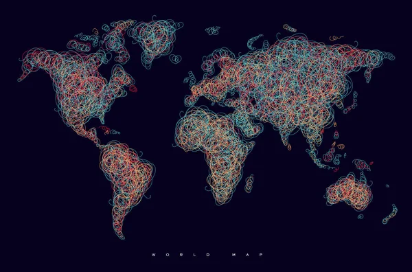 Wereld kaart wirwar lijnen rood donker — Stockvector