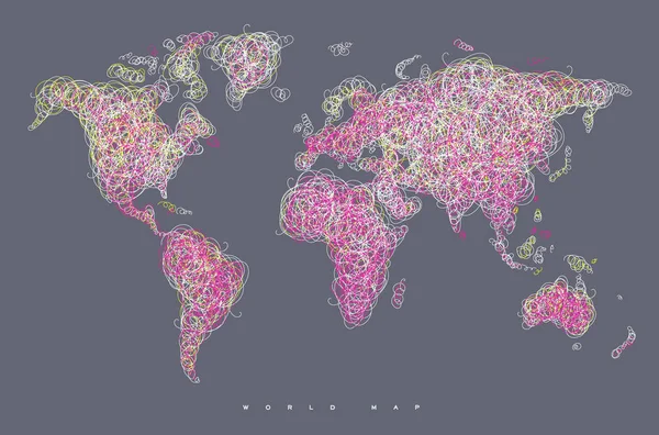 Mapa do mundo emaranhado linhas magenta —  Vetores de Stock