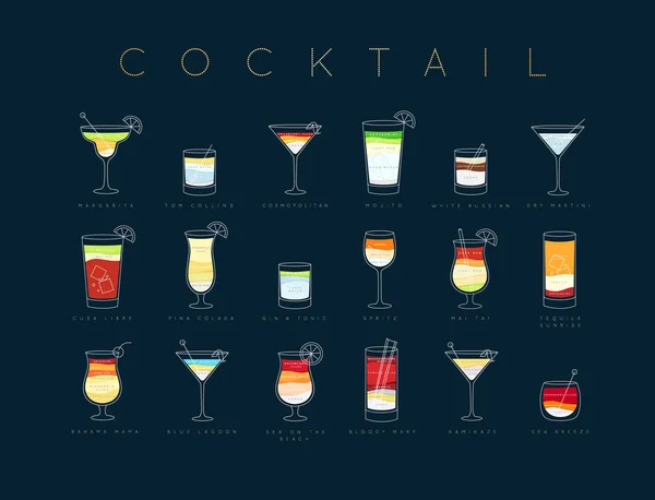 Affiche cocktails menu plat bleu foncé — Image vectorielle