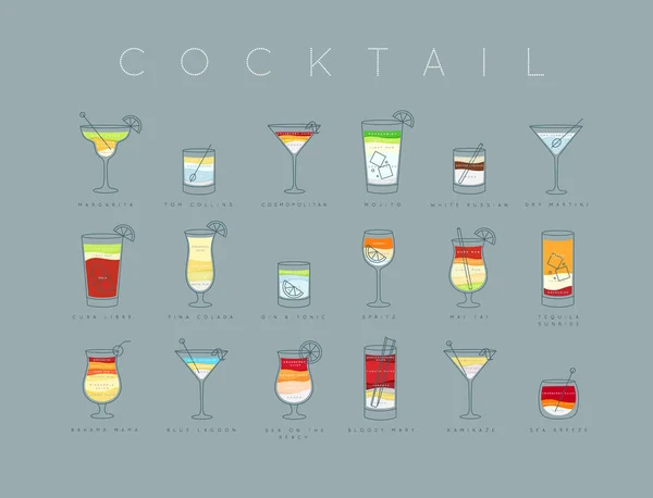 Poster Cocktails flache Speisekarte graublau — Stockvektor