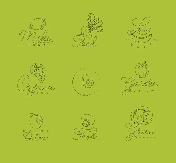 Fruits et légumes stylo ligne symboles vert — Image vectorielle