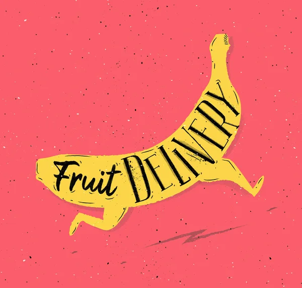 Entrega Frutas Com Banana Corrente Desenho Letras Fundo Coral — Vetor de Stock