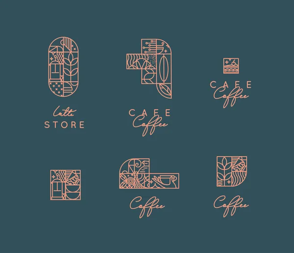 Set Creative Modern Art Deco Coffee Symbols Flat Line Style — Stock Vector