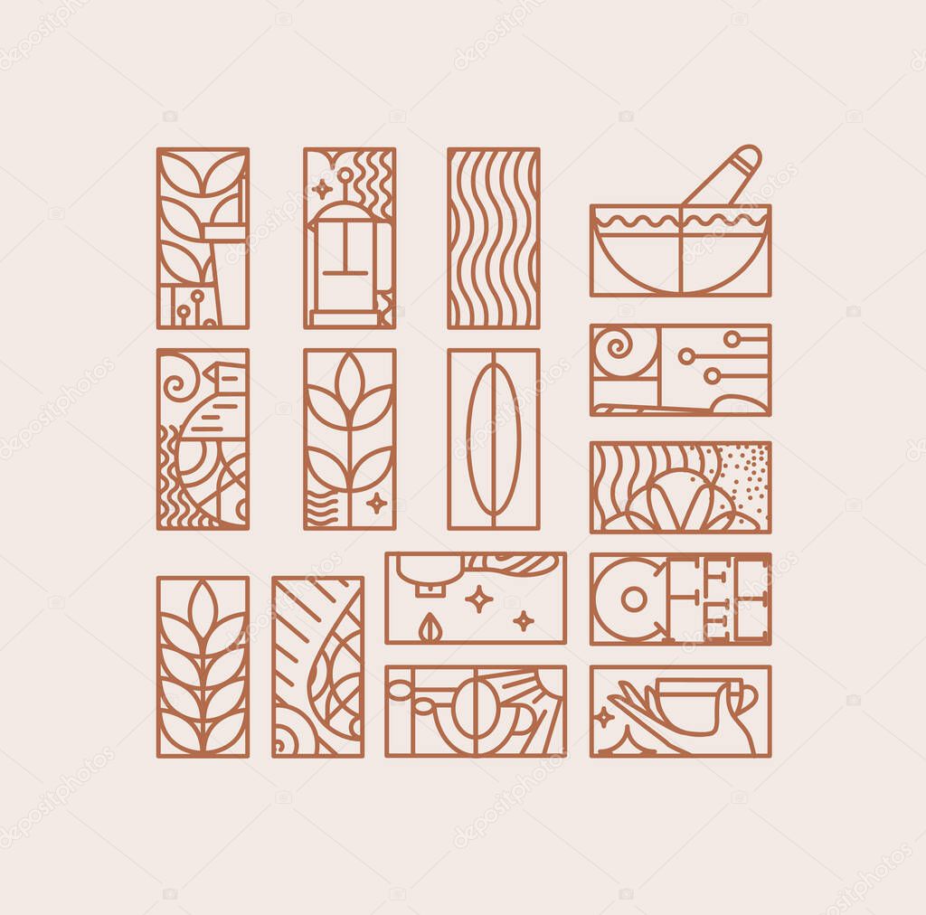 Set of creative modern art deco coffee signs in flat line style drawing on beige background.