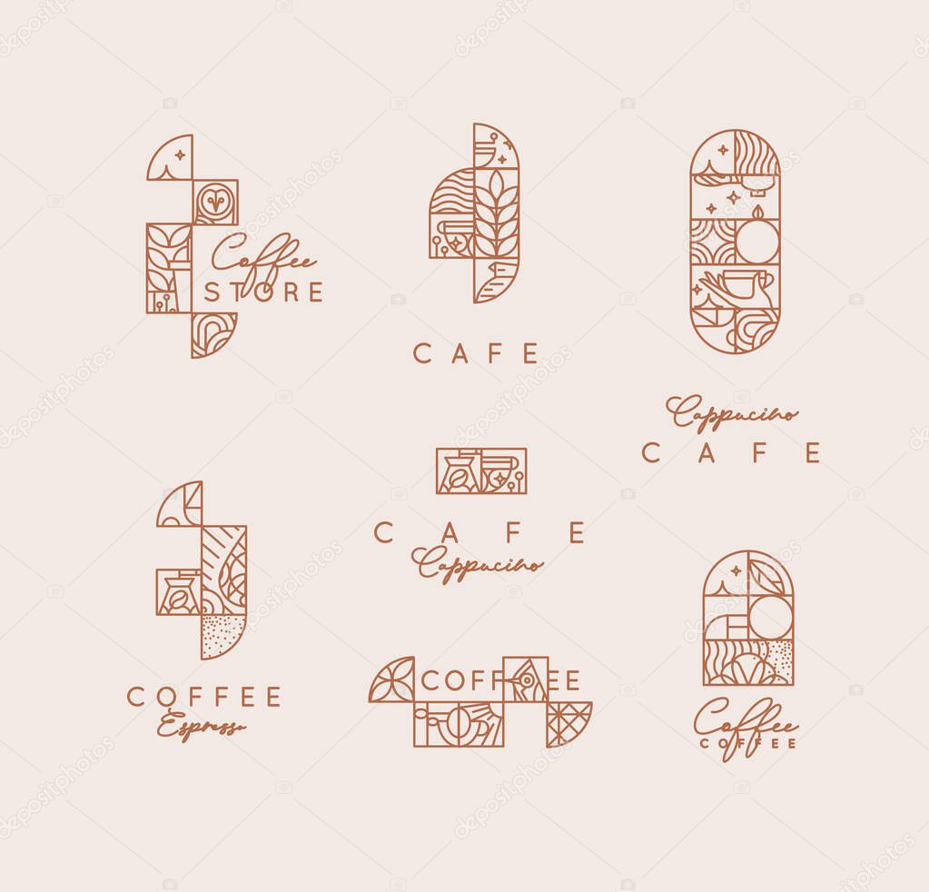 Set of creative modern art deco coffee labels in flat line style drawing on beige background.
