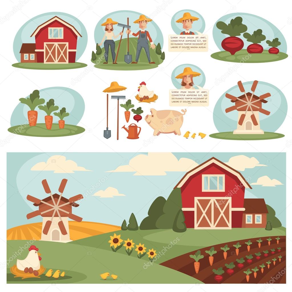Village landscape illustrations with farm building