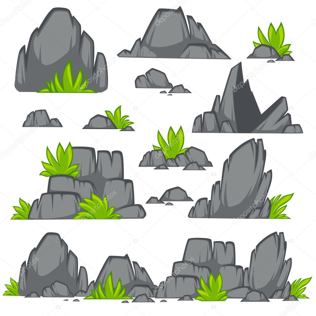 Set of cartoon stones and grass.