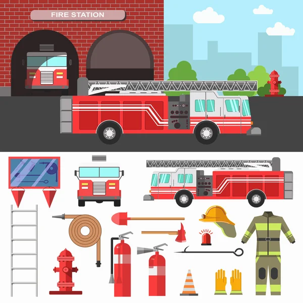 Fire station and fire trucks — Stock Vector