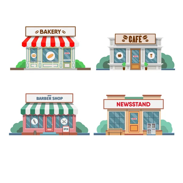 Fachadas coloridas de comércios de serviço na cidade —  Vetores de Stock