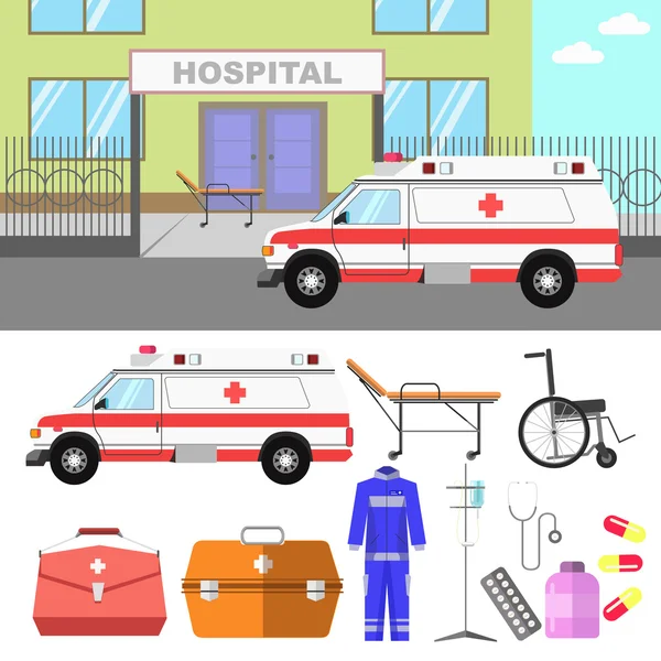 Coches de hospital y ambulancia — Vector de stock