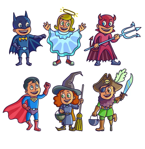 Niños de dibujos animados con diferentes trajes — Vector de stock