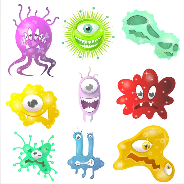 Rajzfilm baktériumok ikonok — Stock Vector