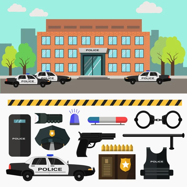 Departamento de polícia com equipamento policial — Vetor de Stock