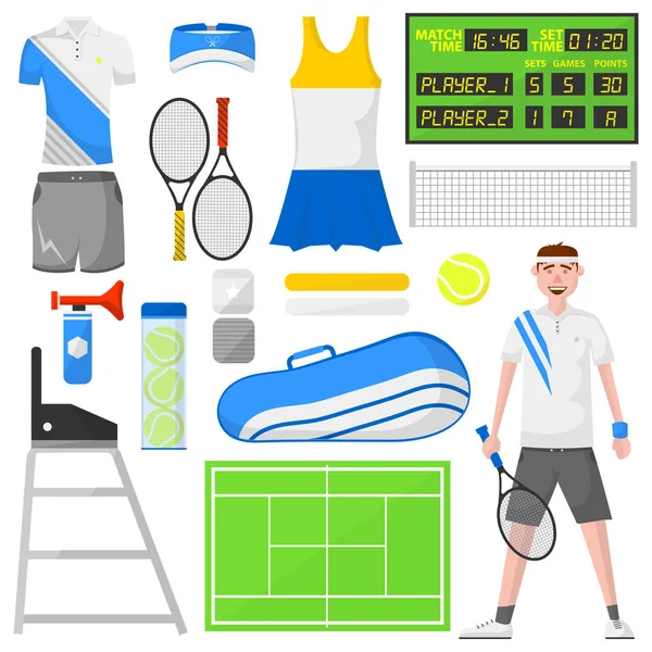 Set of sports equipment for tennis — Stock Vector