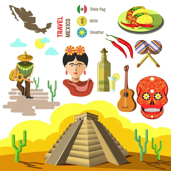 México símbolos de viaje conjunto — Vector de stock