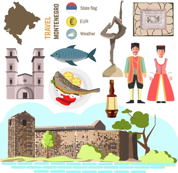 Montenegro travel symbols set — Stock Vector