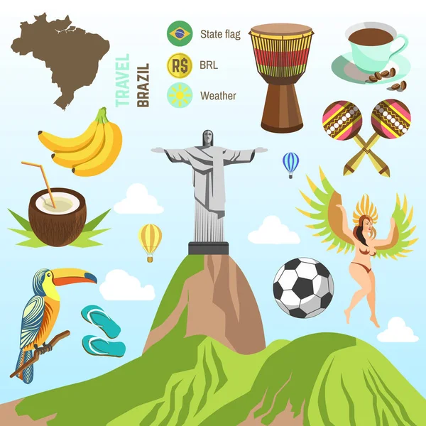 Brasil símbolos de viaje conjunto — Vector de stock