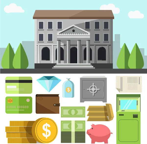Banki szimbólumok és a Bank épülete — Stock Vector