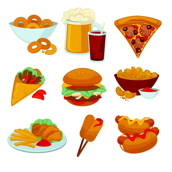 Gyorséttermi ételek összessége. Gyűjtemény rajzfilm snack ikonok — Stock Vector