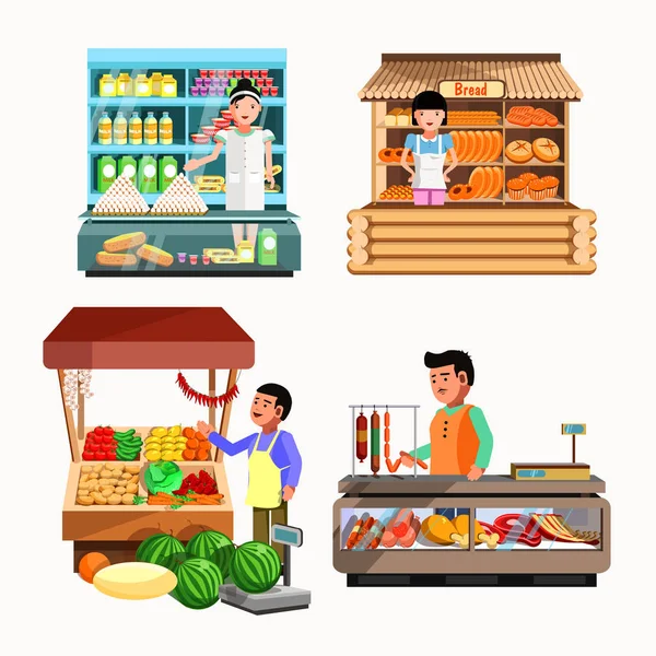 Set of sellers at stall — Stock Vector