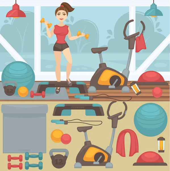 Fitness equipment and gym interior. — Stock Vector