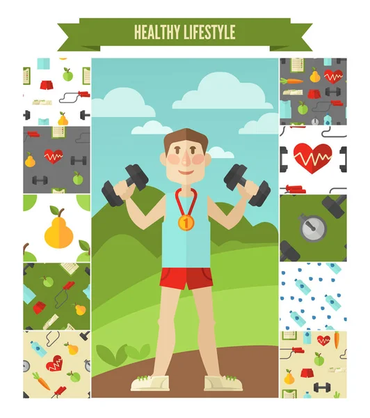 Male avatar with dumbbells — Stock Vector