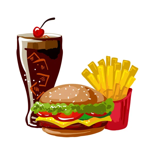 Cheeseburger und Pommes mit Cola — Stockvektor