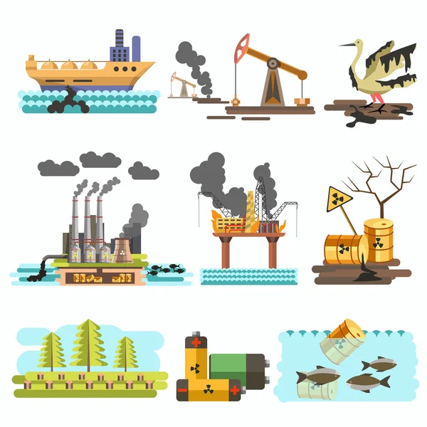 Set con fábricas y contaminación — Vector de stock