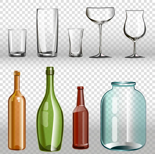 Collection glasses and colored bottles — Stock Vector