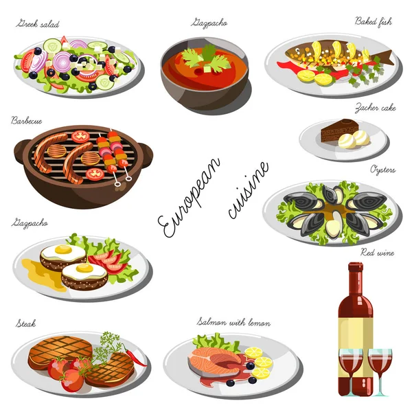 Collection of European food dishes — Stock Illustration Collection of European food dishes Stock Illustration