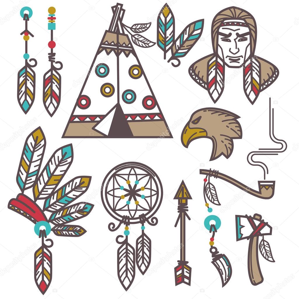 Set of wild american indian elements isolated on white background