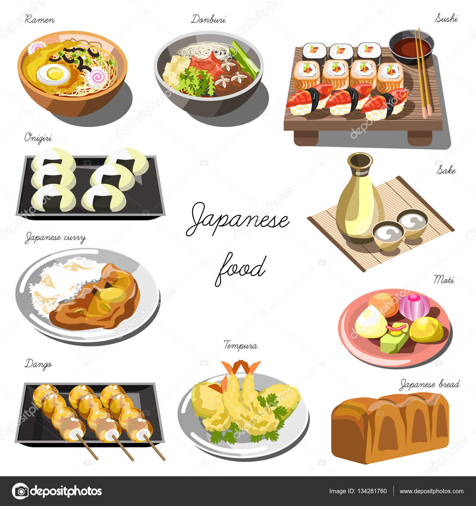 Japanese cuisine dishes vector illustration set  Japanese food menu,  Japanese food traditional, Japanese food names