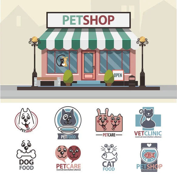 Κτηνιατρική κατοικίδιο ζώο κατάστημα για τα ζώα με εμβλήματα — Διανυσματικό Αρχείο