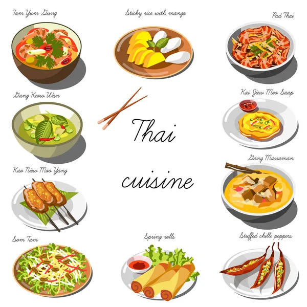 Coleção de pratos de comida tailandesa — Vetor de Stock